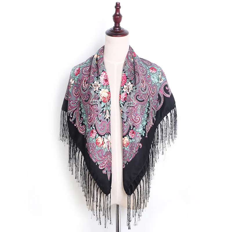 90*90cm Women Russian Scarf Luxury Floral Print Square Bandana Ethnic Fringed Shawl Babushka Handkerchief Blanket Scarves