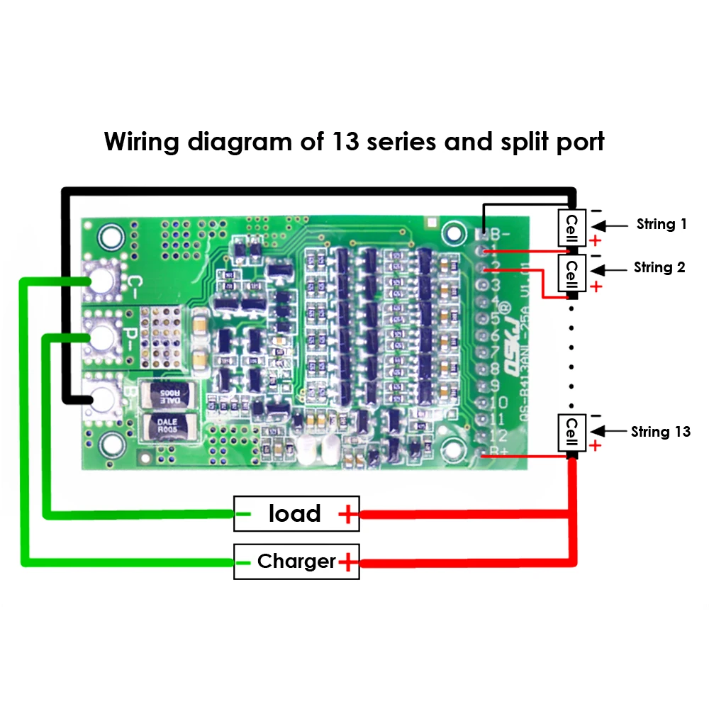 Bateria Carregamento Protection Board, carregamento Protection Board, sem função de equalização, mesmo porto, Split Port Fiação, Li-fepo4, 6S-13S, 25A, alta corrente