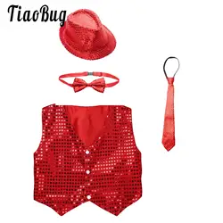 Kids Boys Girls Sequined Vest Suit Waistcoat with Glitter Hat Bowtie Necktie Shiny Disco Jazz Hip Hop Dance Performance Costume