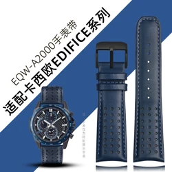 For Casio EDIFICE Metal Series EQW-A2000 Blue Black Curved End Leather Watch Band Belt Breathable 22mm Watch Chain Watchband