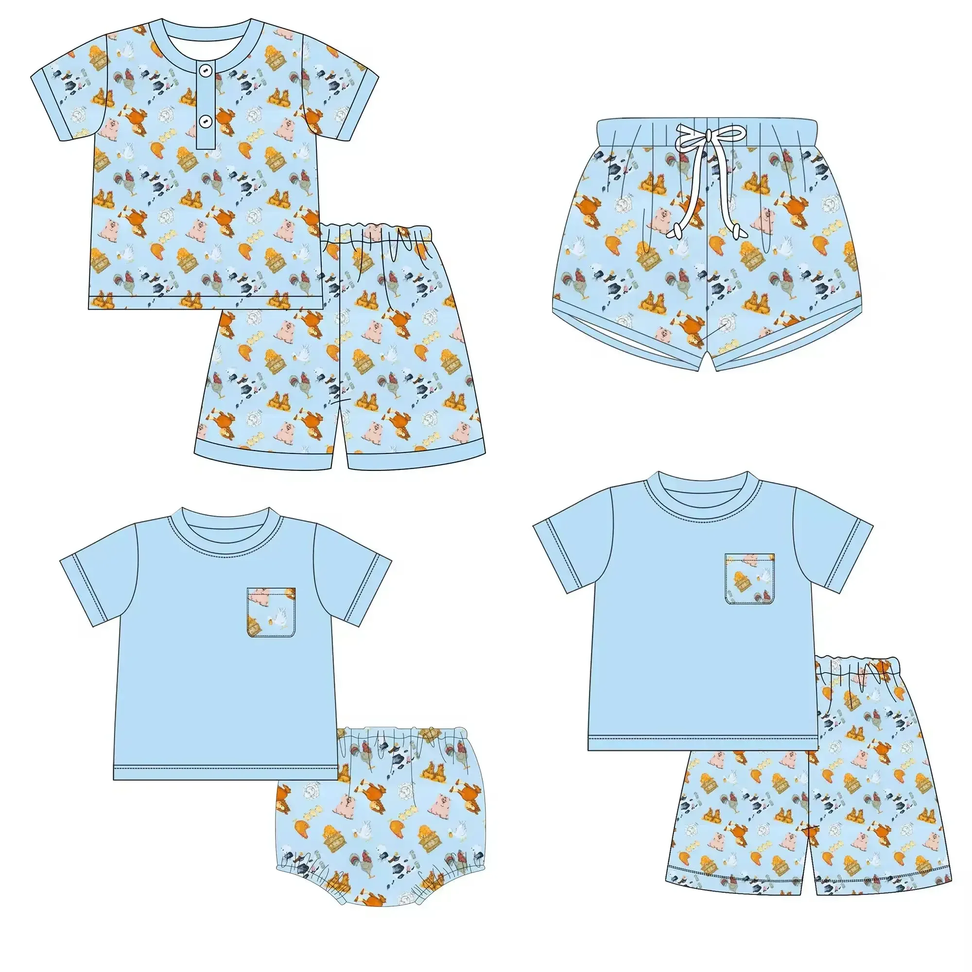 New summer boutique boy series short-sleeved pocket farm chicken pig cow horse printed shorts children set pajamas set baby set