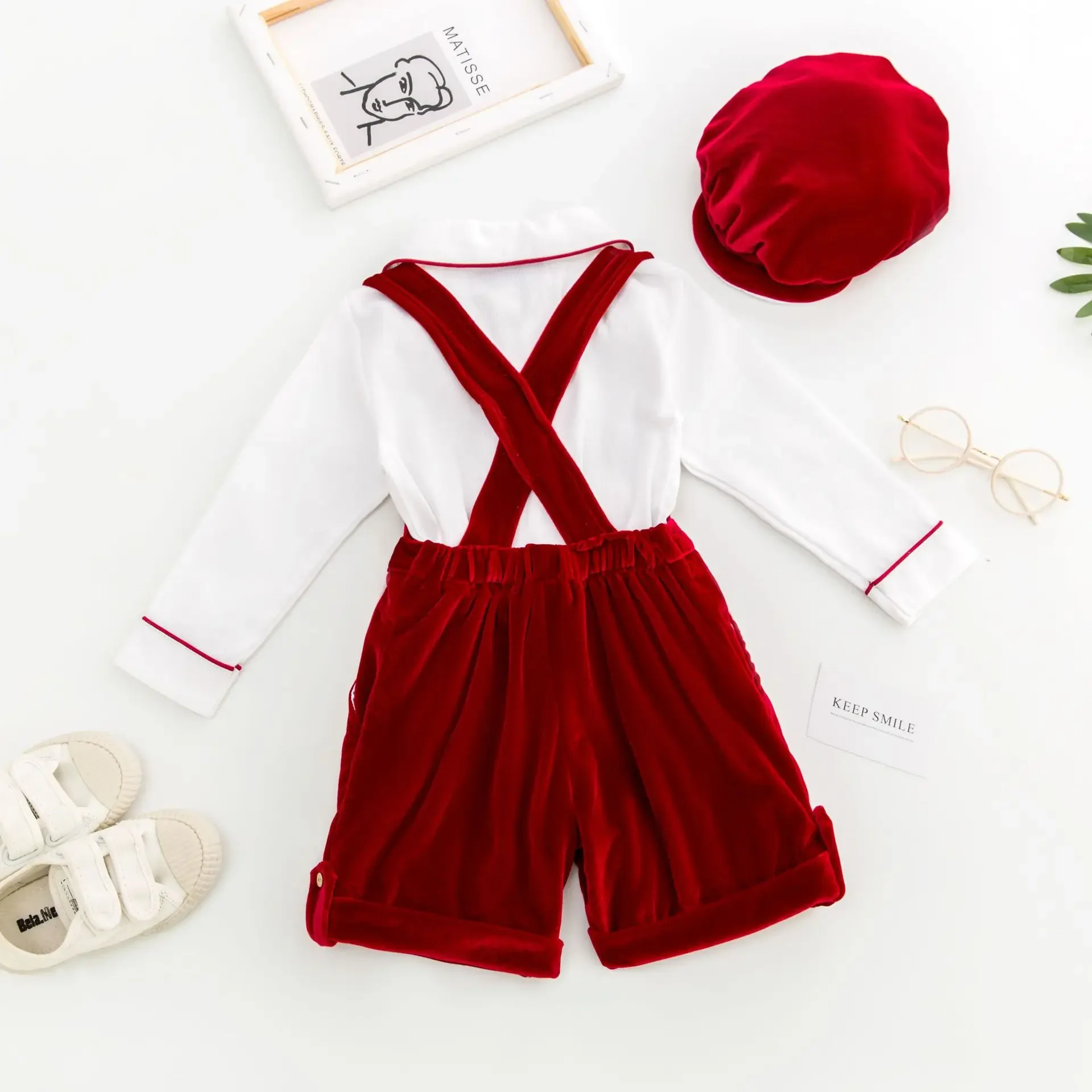 Espanhol bebê menino roupas conjunto do vintage crianças verão terno formal do casamento da criança camisa branca + veludo suspender calças shorts