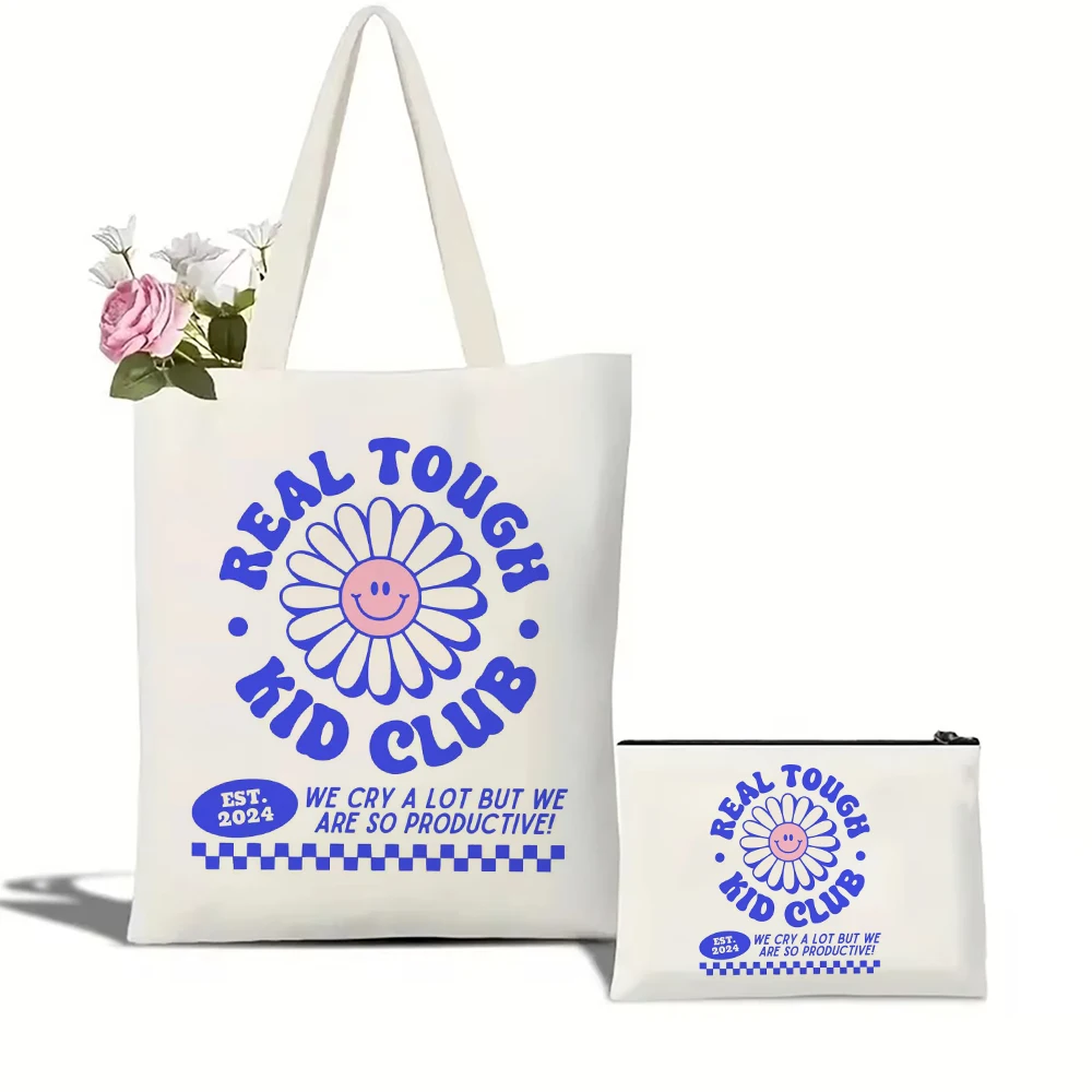 

Real Tough Kid Club Daisy We Cry A Lot Tote Bag Set Canvas Handbag Makeup Bag Set Personalized Gift Bag for Women Girl Lady