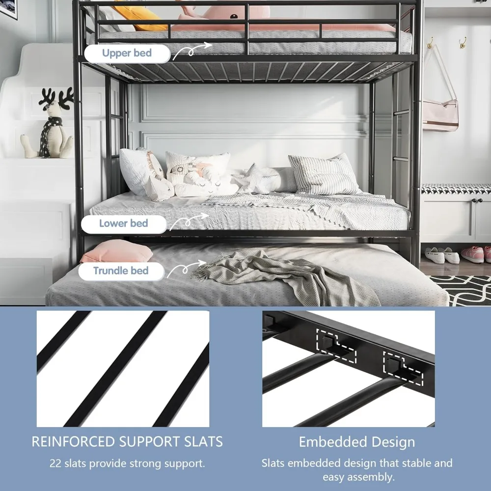 Metal Bunk Bed Twin Over Twin, with2Secured Ladders,Trundle Bed Twin with Space-Saving Bed Frame with Safety Guard