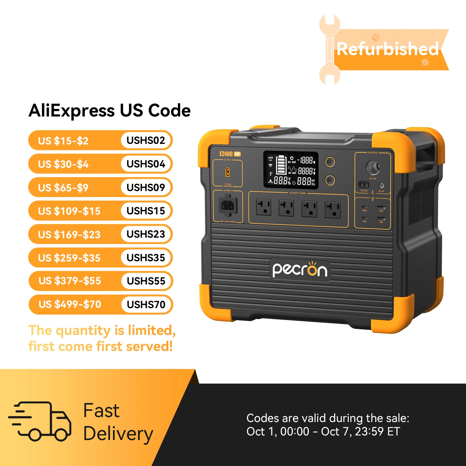 Used-PECRON E2400LFP 2048Wh/2400W with 3840Wh Extra Battery Expandable to 5888Wh, Fast Charging in 1.5 Hrs for Emergencies, Camping, RV, Home Use