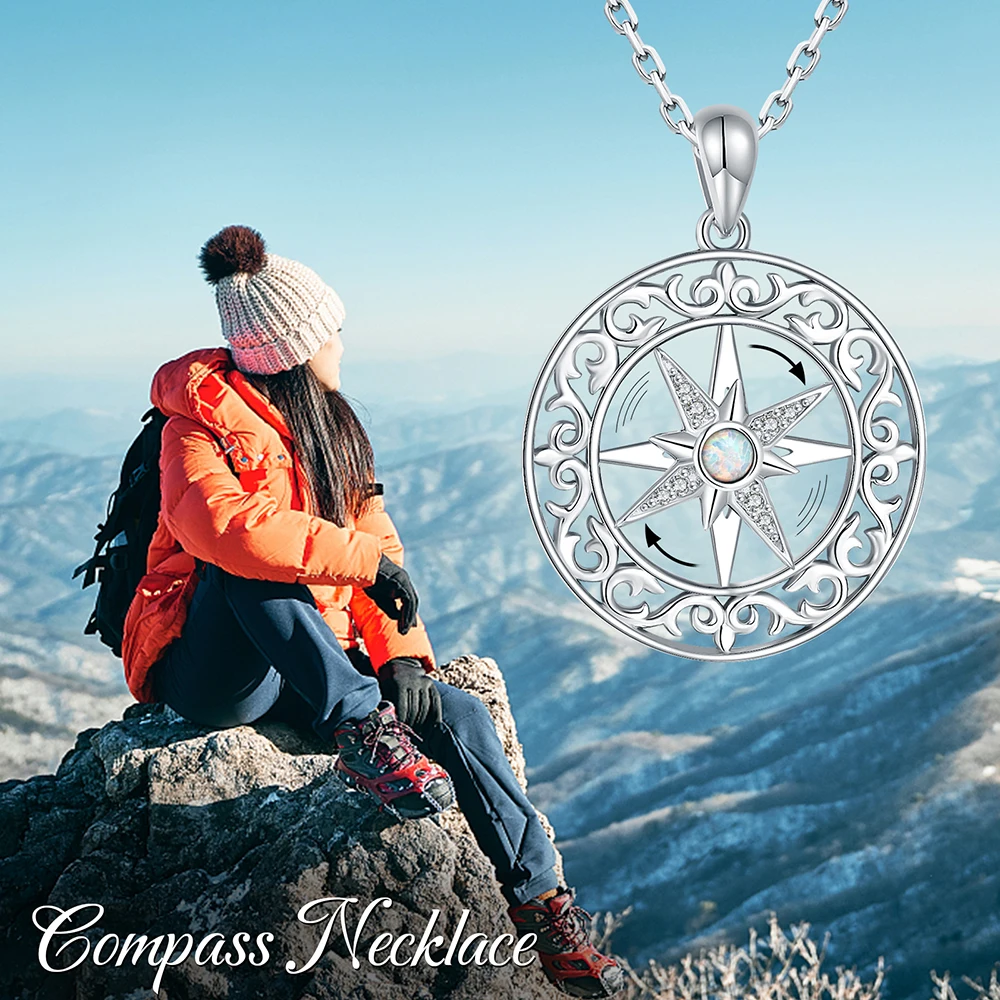 925 Sterling Silver Compass Necklace Rotatable Opal Baroque Compass Pendant Graduation Friendship Travel Jewelry For Women Men