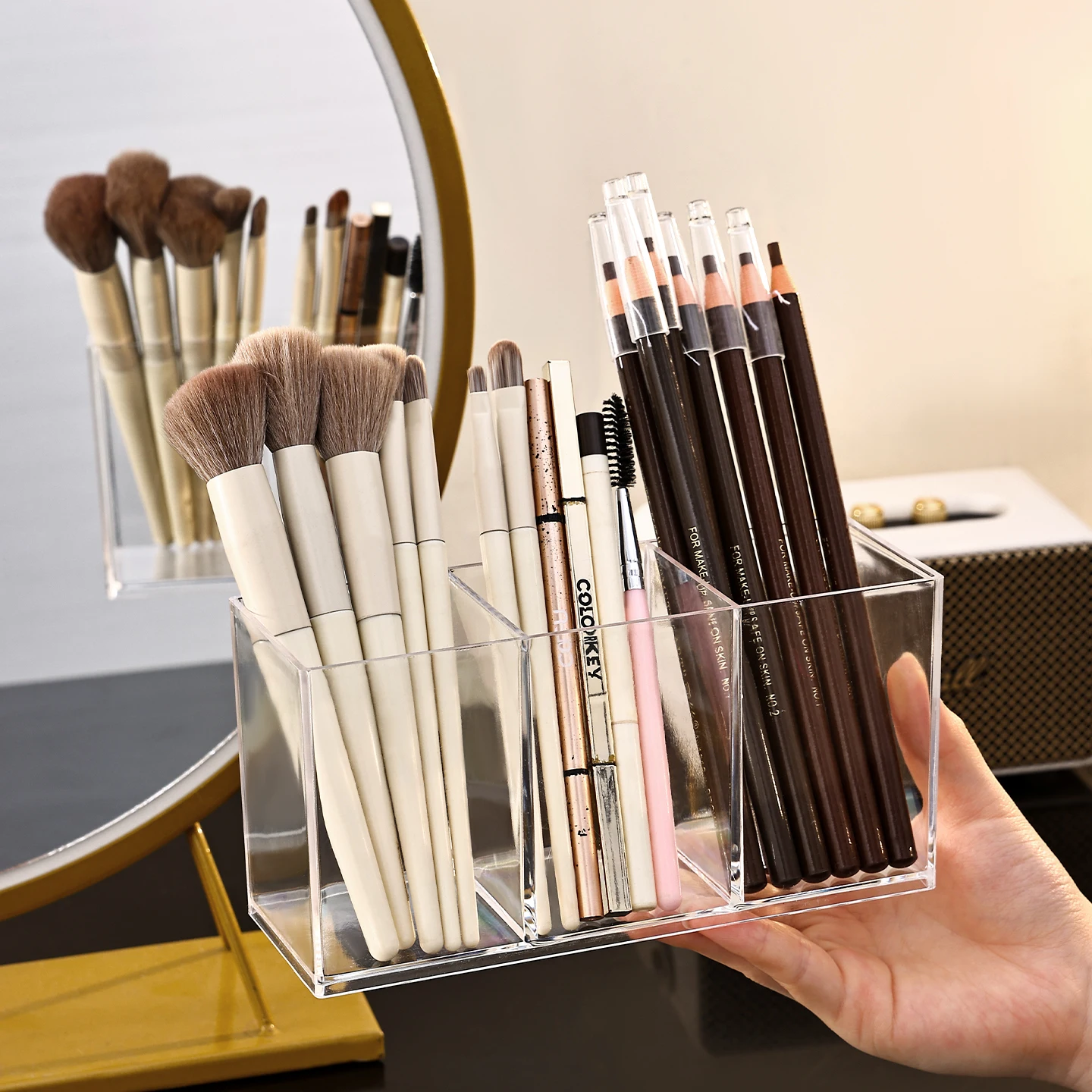 1 st acryl transparant/transparant zwart make-up borstel make-up opbergdoos met meerdere compartimenten, badkamer make-up lade