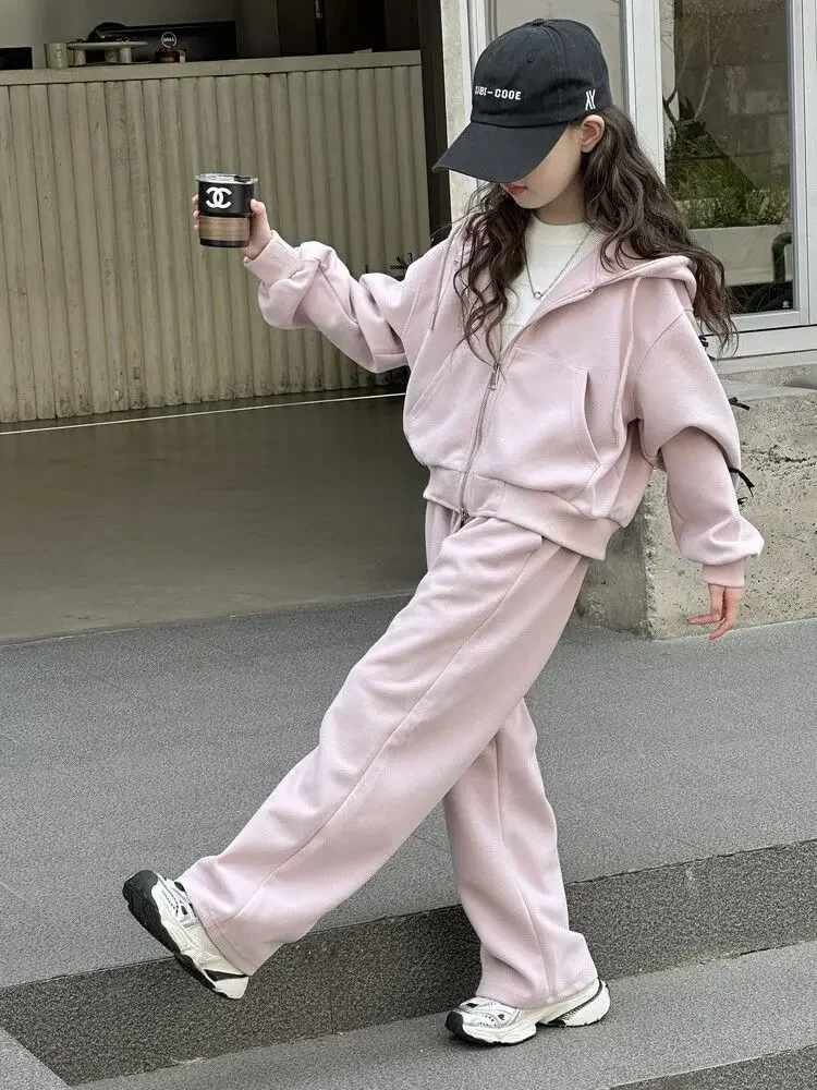 Mädchen-Trainingsanzug mit Kapuze und Schleifendetail – zweiteiliges Outfit im koreanischen Stil mit langärmeliger Jacke und Hose für größere Kinder. – Detail 24