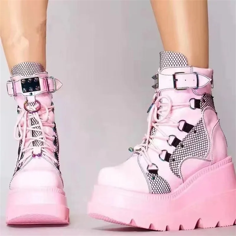 Pink Thick Sole Shoes Short Boots Lace up Knight Punk Women's Boots Large Black Wedge Heels