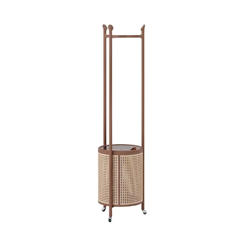 

Hanger Floor-to-ceiling solid wood hanger Household black walnut dirty laundry basket rattan coat rack