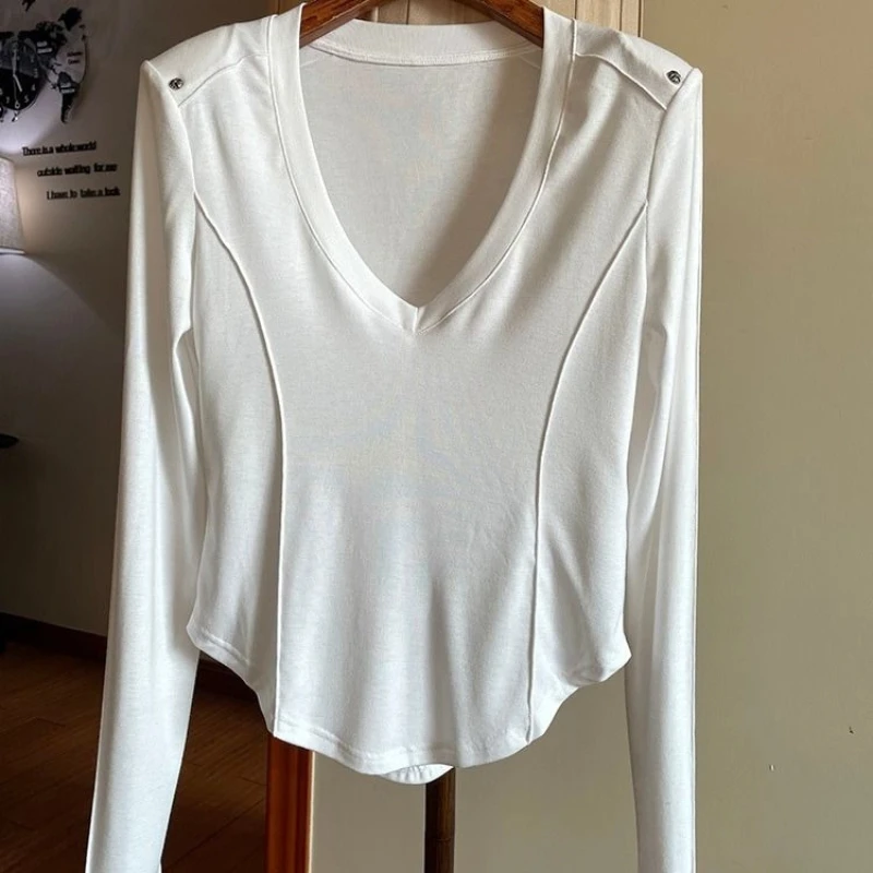 Col en V simplicité grande taille décontracté hauts nouveau printemps automne à manches longues irrégulière coréen t-shirts mode élégant femmes vêtements