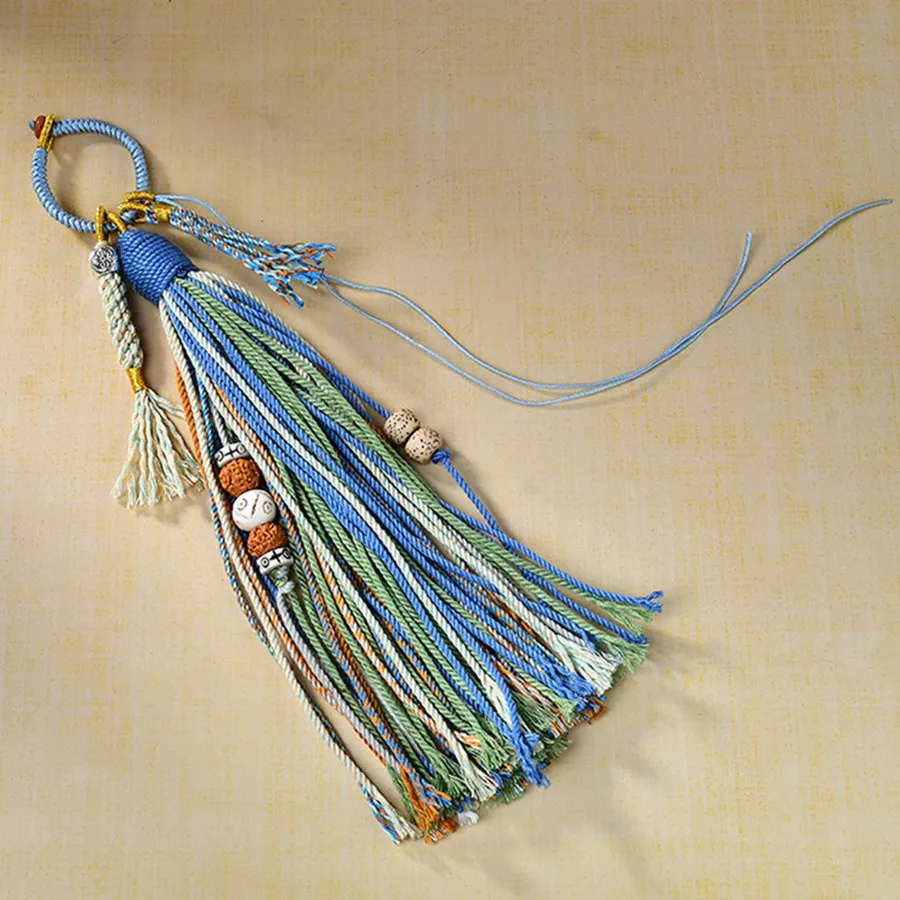 Tibetische Quaste mit Kupfermünzen und Perlen, Vajra-Stößel-Anhänger, gewebtes Lanyard, DIY-Schlüsselanhänger, Handyriemen, Taschen- und Auto-Hängeaccessoire – Detail 1