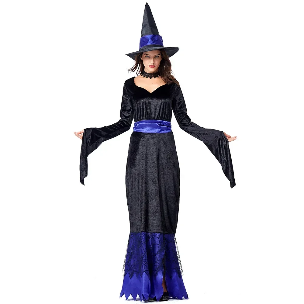 Blue Black Women's Glamorous Witch Costume Long Fancy Dress Halloween Carnival Purim Party Cosplay Costumes