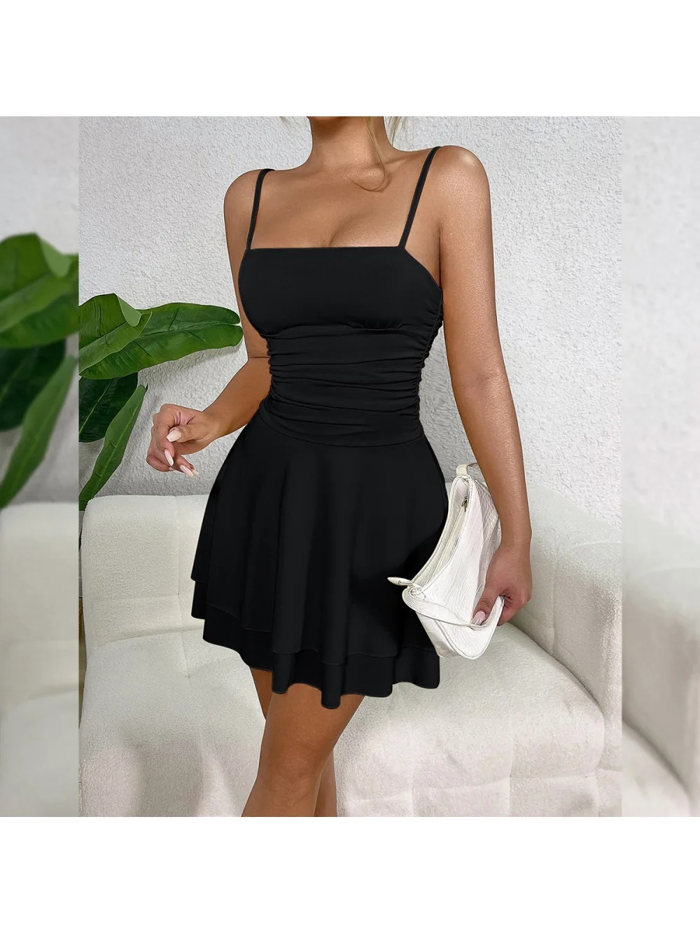 2025 moda europeia e americana temperamento cor sólida slim fit bainha dupla camada camisola vestido sem costas