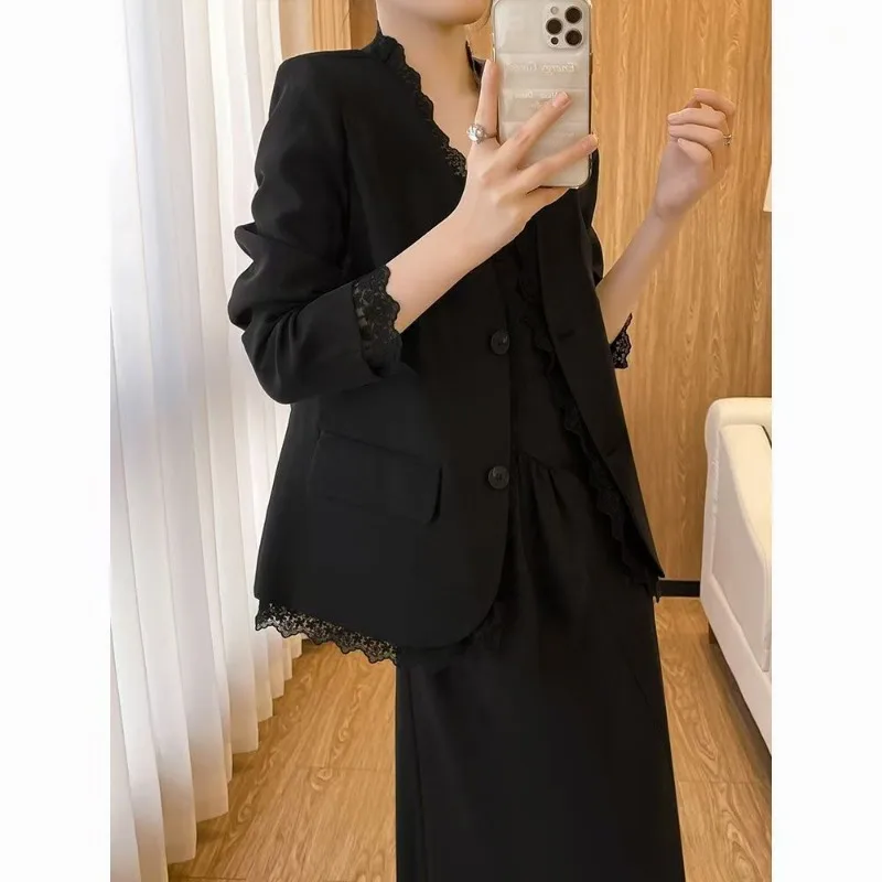 2025 nouveau Blazer femmes Style coréen dentelle épissage polyvalent couleur unie bouton Cardigan