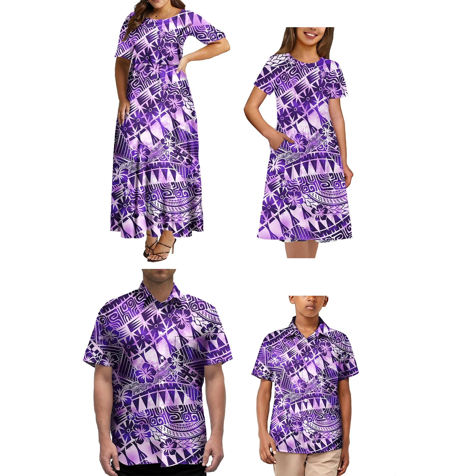 Fashion Polynesian Tribal Matching Set For Couple Samoan Family Outfits Women\'S Dress And Men\'S Shirts Couple Set