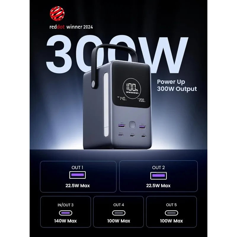 Bank Daya Pengisi Daya Portabel 300W 48,000mAh dengan Tampilan Digital Cerdas, Pencahayaan, dan Mode SOS, Baterai USB C 153Wh 5 Port