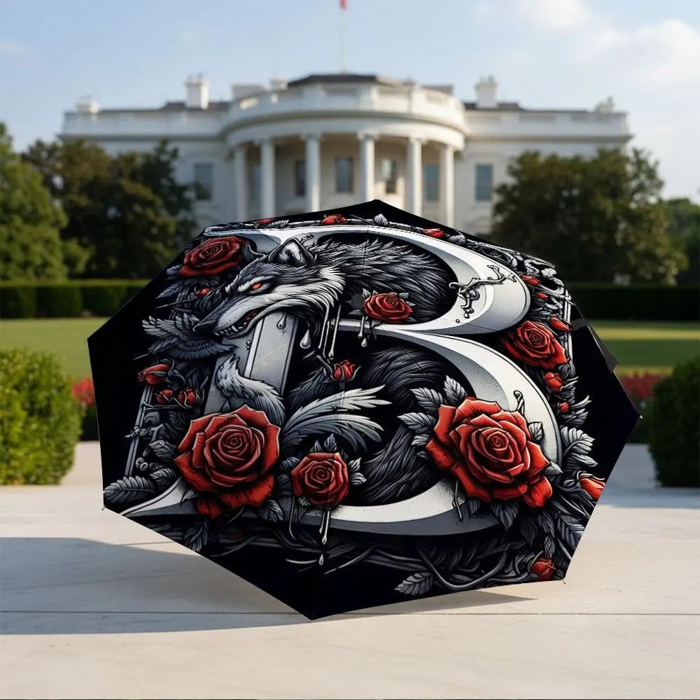 

Automatic Folding Umbrella with Gothic Wolf & Red Roses - Self-Opening/ Closing, 8-Rib Sturdy Frame, Portable Collapsible Desi