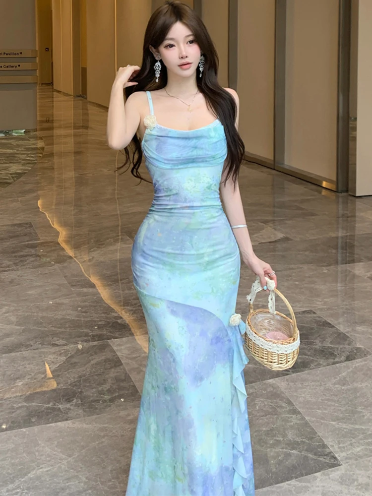 Women Fashion Print Chic Sling Sexy Long Dress Summer Elegant Luxury Ruffled Mermaid Dress 2025 Korean Bodycon Festival Vestidos