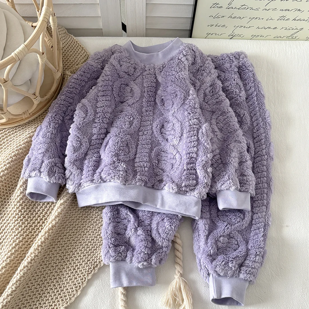Toddler Baby Autumn and Winter Flannel Pajamas Set Korean Style Plush Thickened Home Clothes Girls Thermal Underwear Set