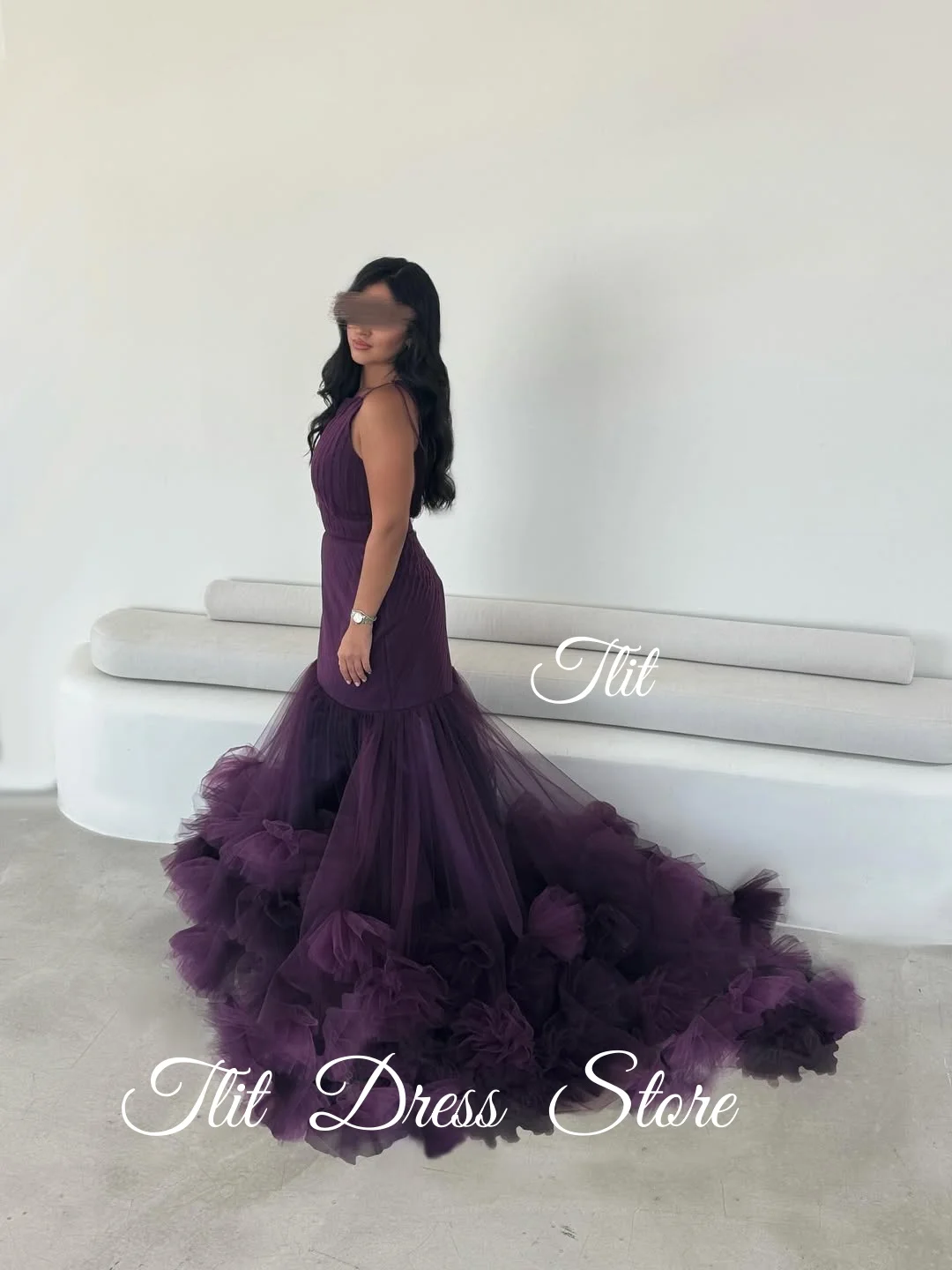 TLIT Elegantes tiefes lila Tüll-Abendkleid mit Neckholder, Ballkleider, Satin-Falten, Tüll, rückenfrei, maßgeschneidert, Vestidos de Fiesta