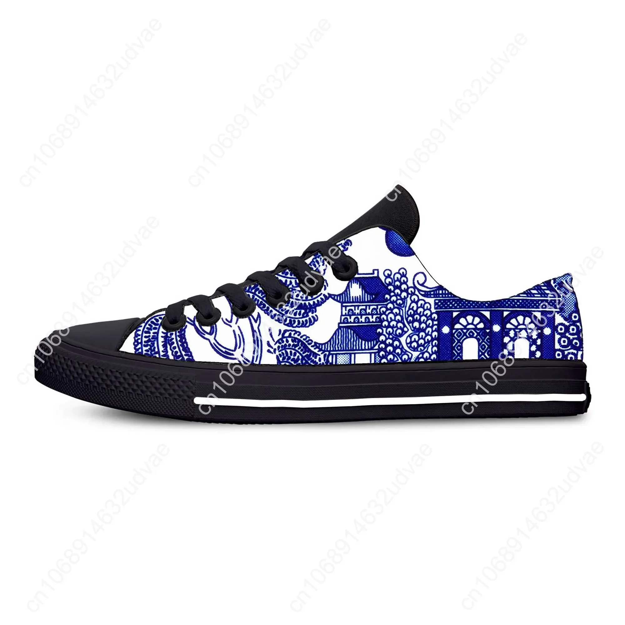 Blue White Willow Pagoda Chinoiserie China Pattern Casual Cloth Shoes Low Top Comfortable Breathable 3D Print Men Women Sneakers