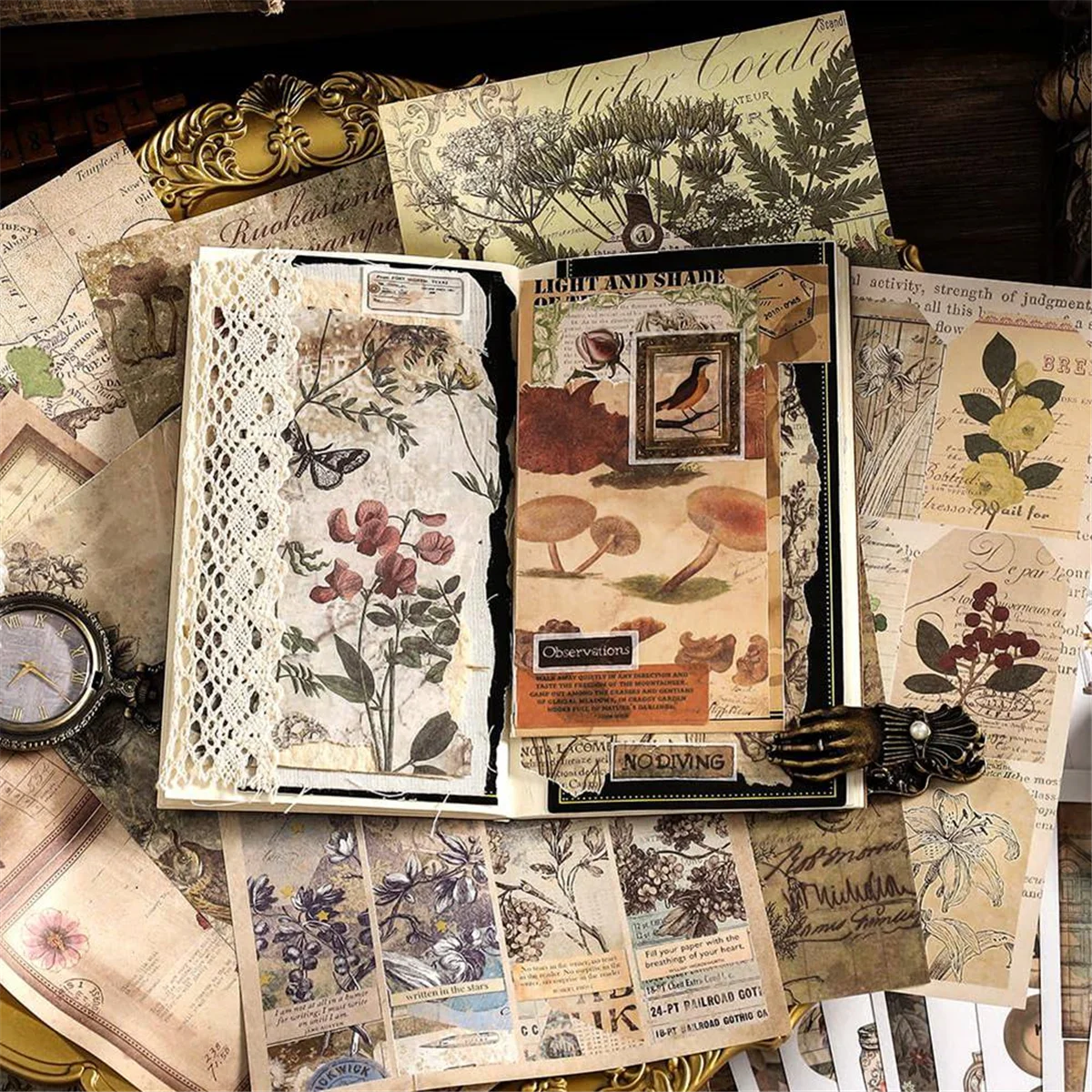 AAAE Vintage Aesthetic Washi Stickers Paper for Scrapbooking, 40 Sheets Ephemera Book for Art Journaling,C
