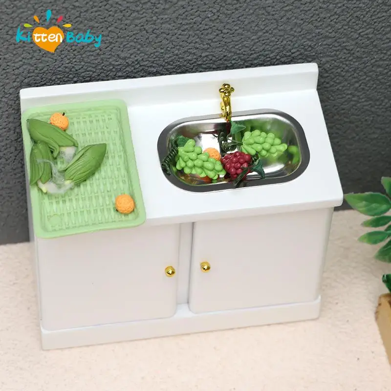 

1/12 Dollhouse Mini White Wooden Kitchen Cupboard Basin Simulation Bathroom Sink Washbasin With Faucet For Dollhouse Accessories