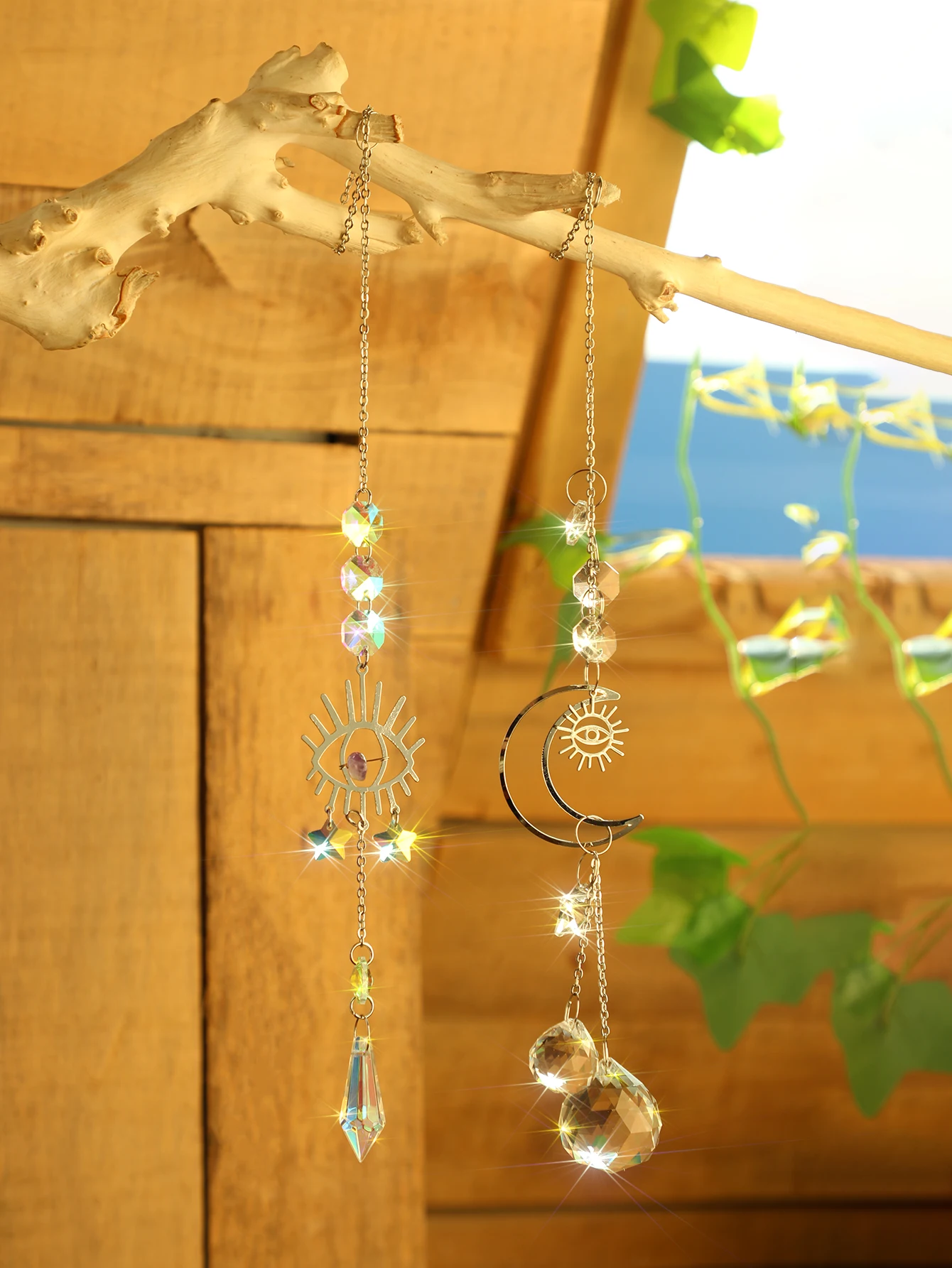 Picture 6: 2pcs Evil Eye Moon Crystal Sun Catcher Hanging Ornaments Garden Suncatchers Window Wind Chimes Light Catcher Outdoor Decors Gift