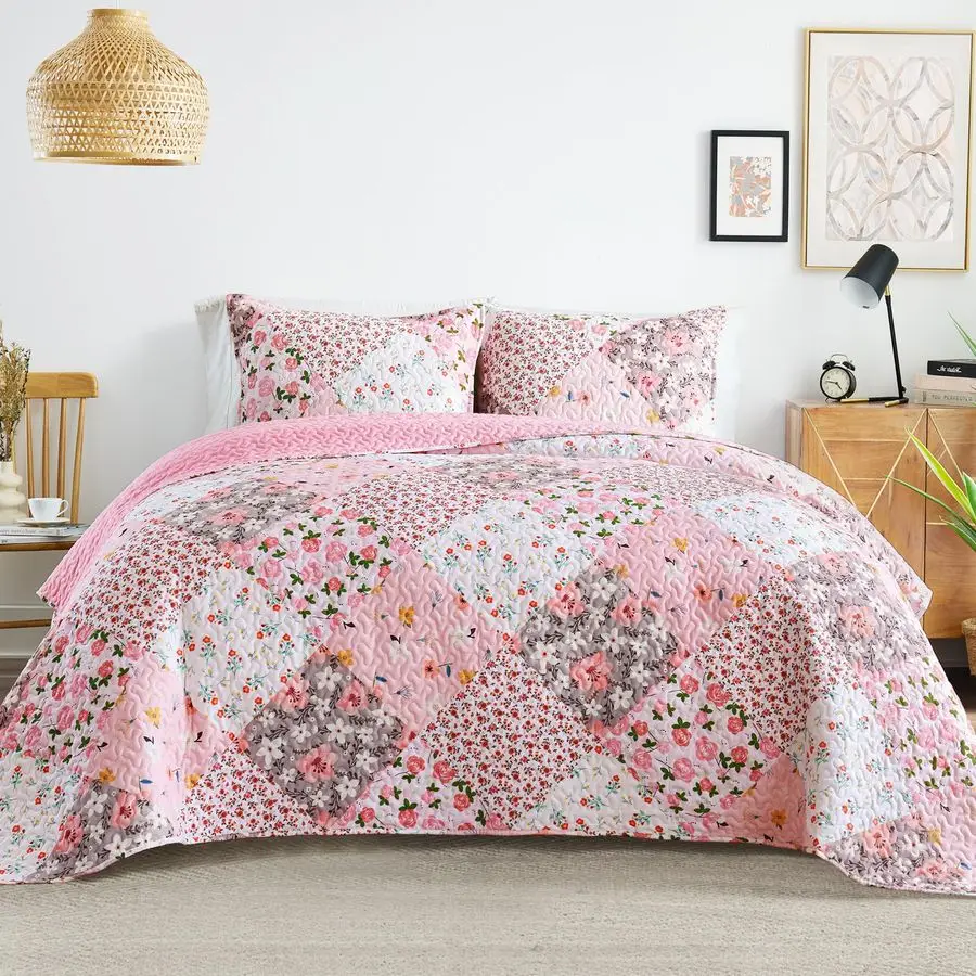 

Patchwork Quilt King Size, Extra Soft Boho Floral Bedspreads for Bed Reversible Lightweight King Quilt Bedding Set Printed Cover