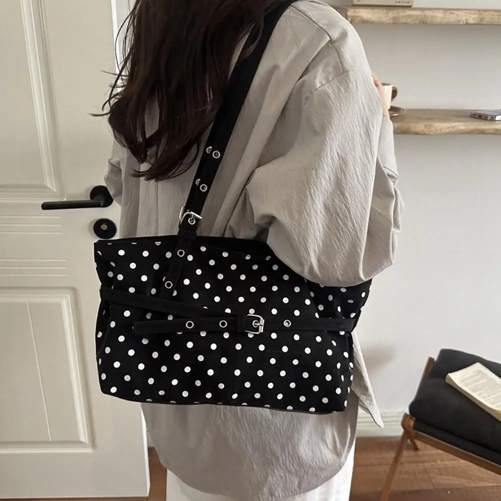 Damen-Tragetasche mit Polka-Dots, große Kapazität, Schulterhandtasche, Vintage, lässig, für Pendler und Einkäufe – Detail 12