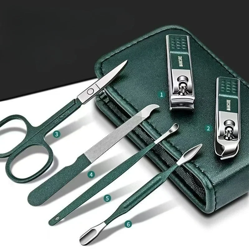 Ensemble de ciseaux à ongles portables en acier au carbone, vert et noir, coupe-ongles, lime, manucure, Kit d'outils de beauté, fonction complète, 6 pièces
