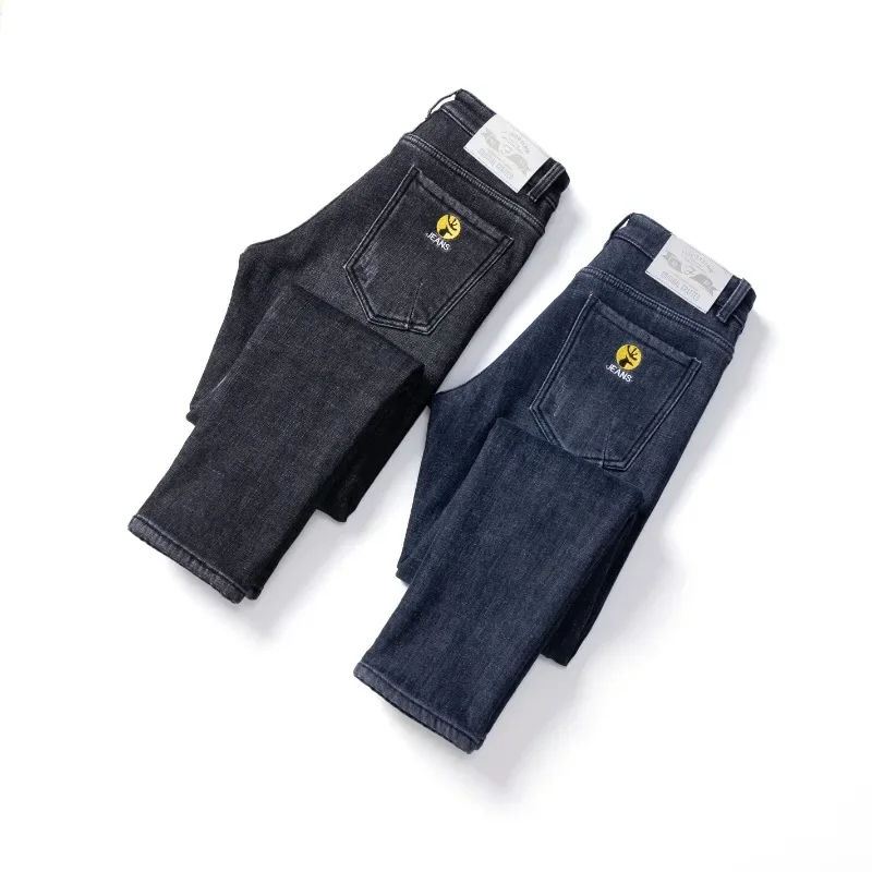 جينز شتوي من الصوف باللونين الأسود والرمادي للرجال مستقيم نحيف قابل للتمدد غير رسمي متعدد الاستخدامات وبسيط سميك أزرق ورمادي #6