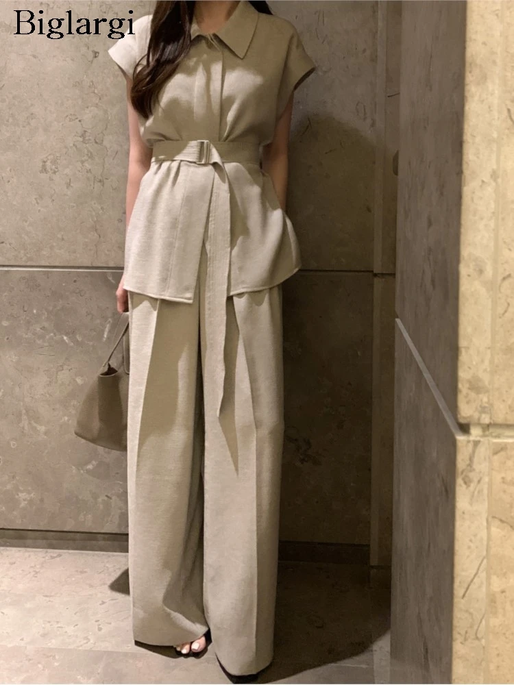 Summer 2 Two Piece Set Women Korean Style Loose Pleated Ladies Sleeveless Shirts High Waist Fashion Wide Leg Woman Long Pants