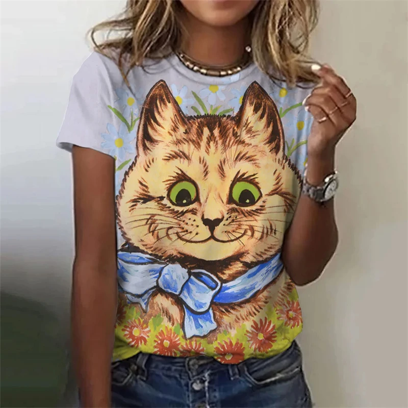 Fashion Women's T Shirts Cat Printed Short Sleeve Female Harajuku Tee Ladies T Shirt Oversized O Neck Tops Animal Women Clothing