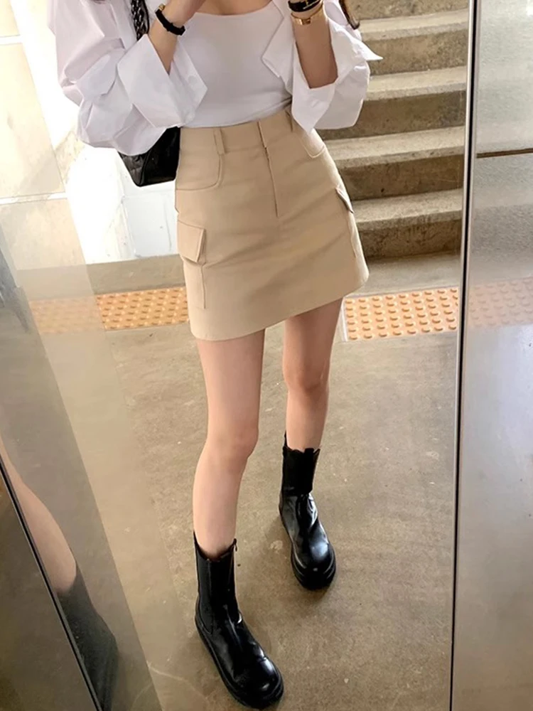 

Chic High Waist A-Line Skirt for Women Spring New Sle Retro Multi-ket Slimming Versatile ort Skirt Commute Korean...