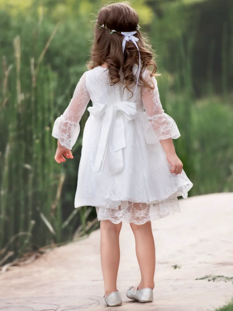 White Flower Girl Dresses Tulle Lace Appliques With Bow Diamond Belt Long Sleeve For Wedding Birthday First Communion Gowns