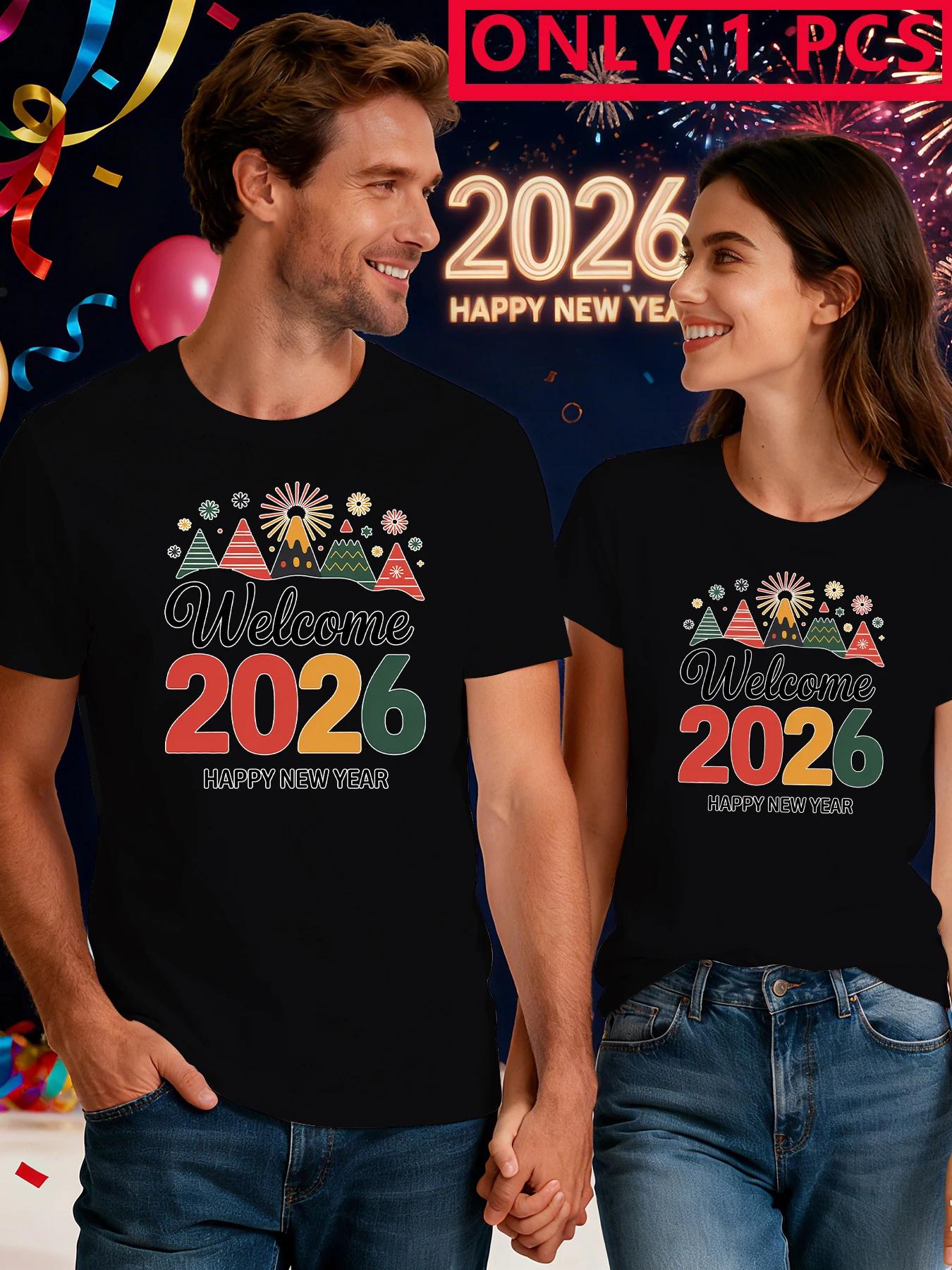 1 pair of round neck short-sleeved T-shirts, couple pattern printing, comfortable and fashionable,suitable for daily casual wear