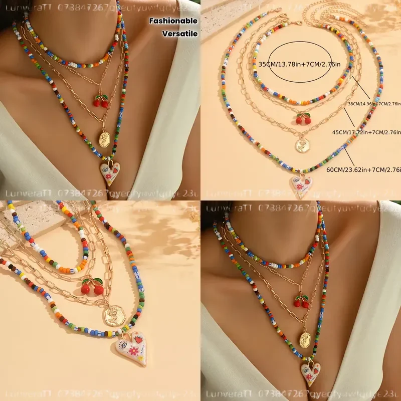 4Pcs Bohemian Colorful Rice Bead Choker Set Handmade Painted Glazed Heart Cherry Pendant Gold Chain Necklace Layering Jewelry