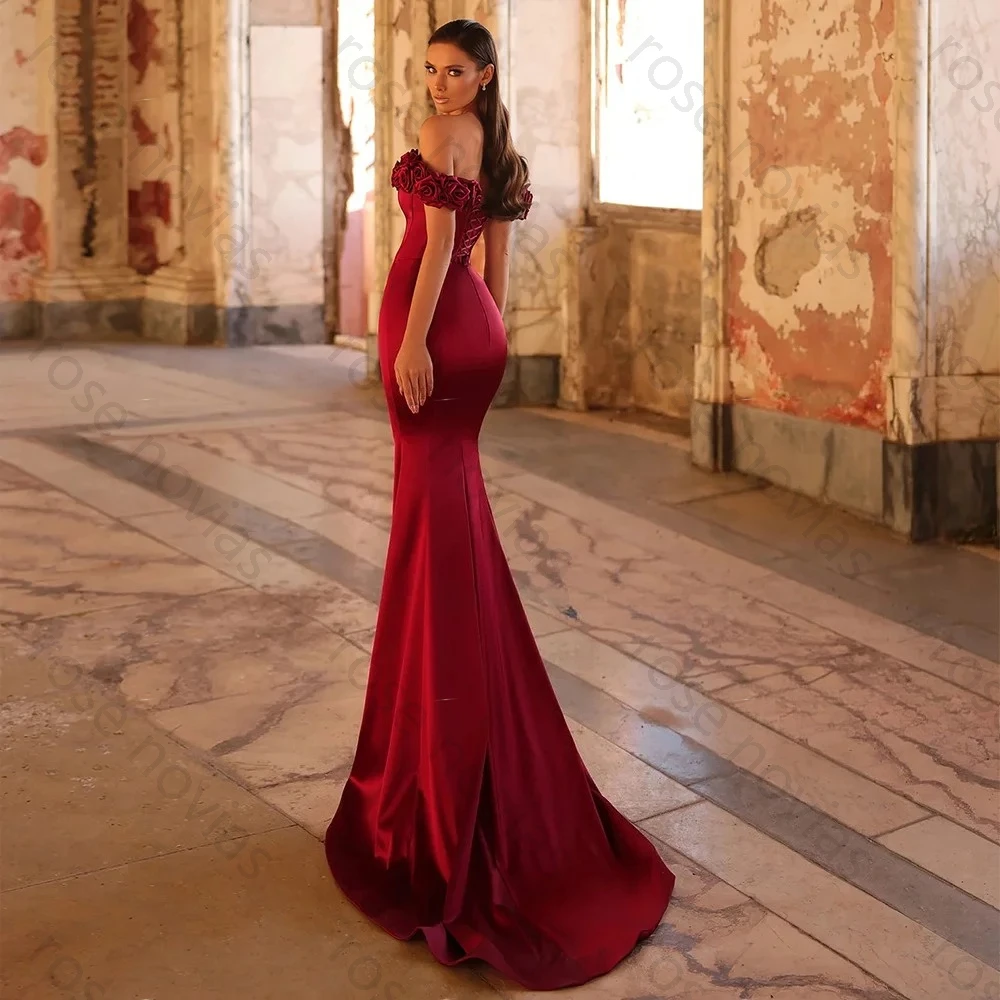 Vestidos de noite de alta qualidade fora do ombro cetim 3d flores sereia vestidos de noite com decote em v sem mangas trompete formal vestido de festa