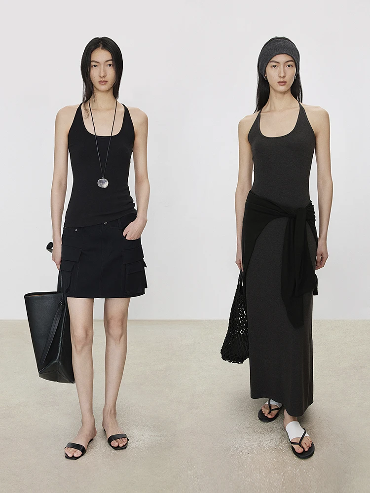 

High Elastic Acetate Wool Knitted Strap Dr Square U-Ne Decorative Label Knitted Tube Top Women's Spring Faion Vest