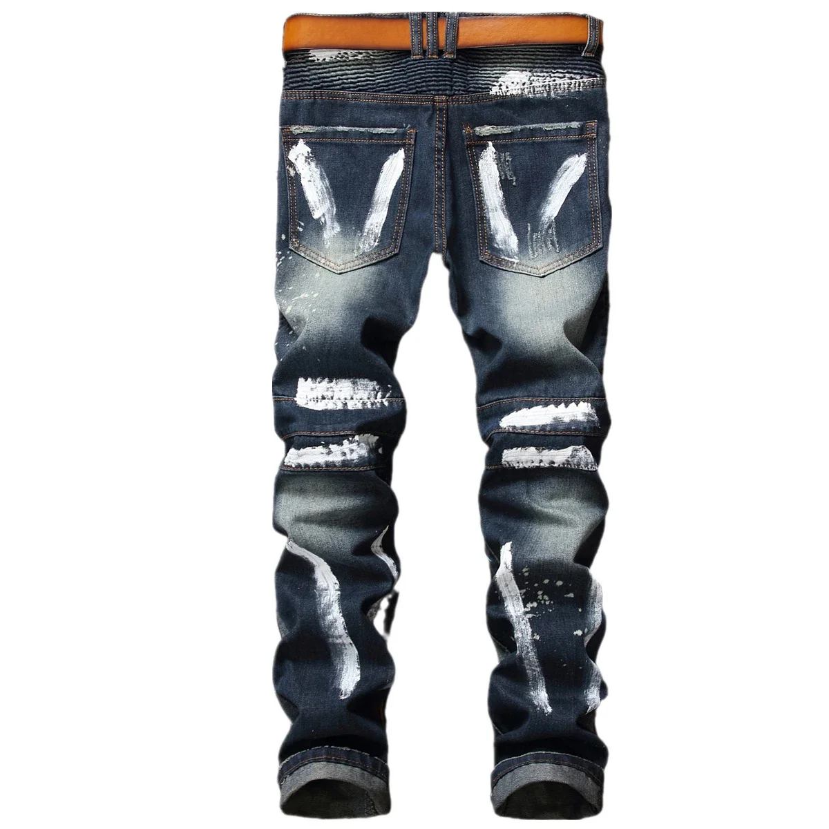 chareiharper 001-2  plus size Embroidered ripped jeans men's badge Hand painted men's pants trend pleated patchwork motorcycle