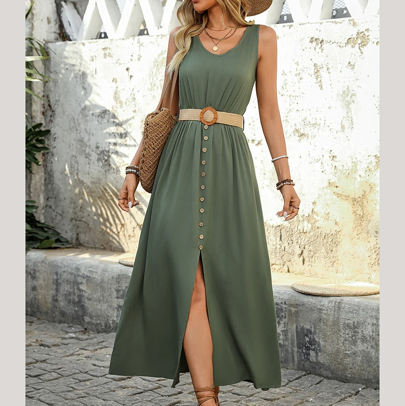 

Повседневное курортное платье в Европе, США, простое открытое асимметричное длинное платье с v-образным вырезом без рукавов, однотонное, элегантное, темпераментное