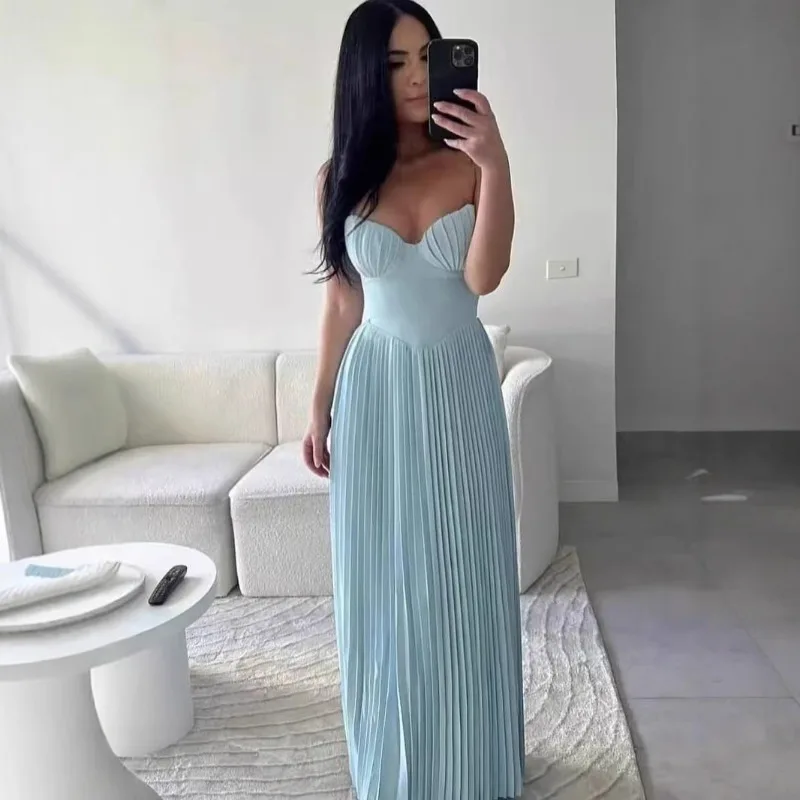 

French Blue Strapless Long Dress Women Elegant Ruffled Waist Design Party Gown