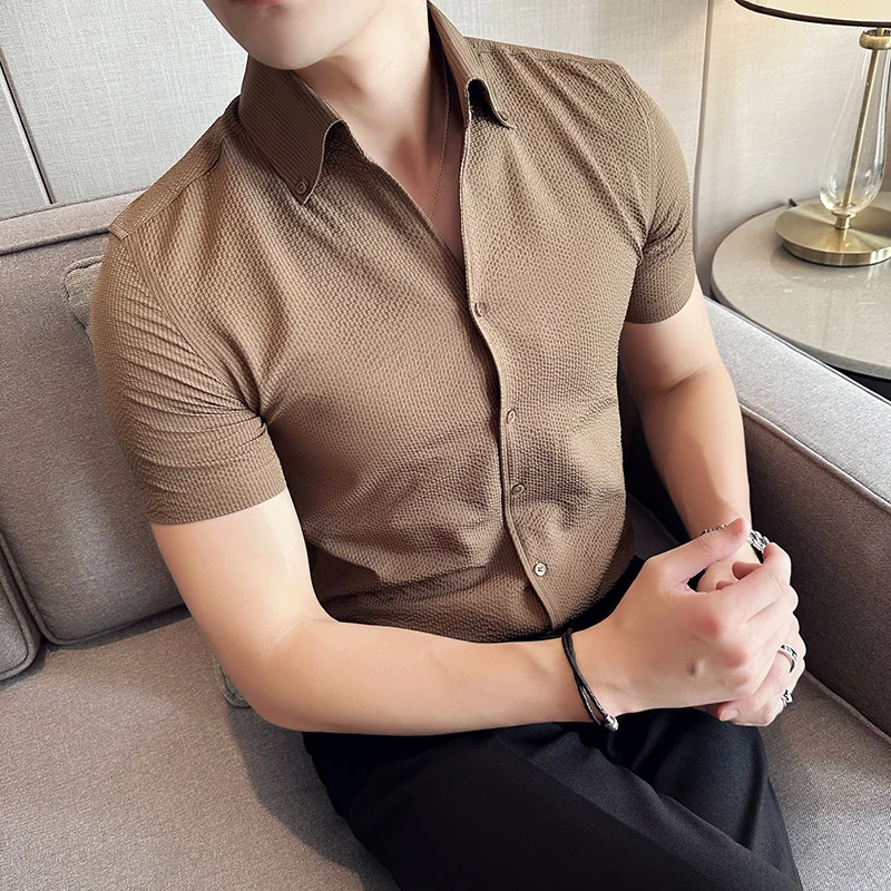 Summer Ice Silk Thin Bubble Waffle V-Neck Shirt Mens Short Sleeve Stand-Up Neck Business Social Party Shirt Men's Clothing 4XL-M