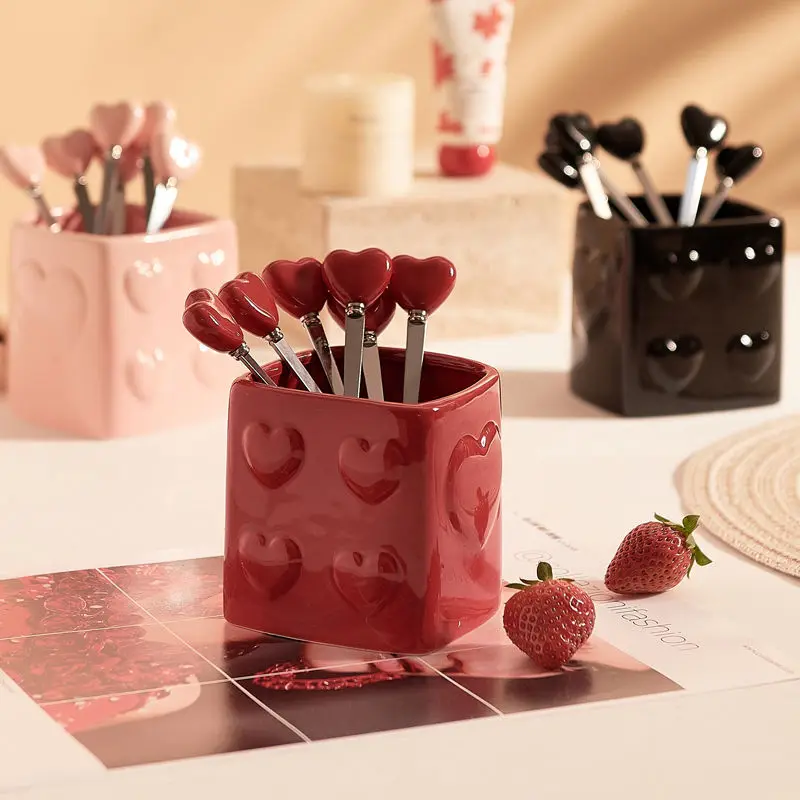 Fruit Fork Ceramic Storage Can Creative Light Luxury Household Fruit Sign Stainless Steel Celebrity Girl's Heart Fork Set