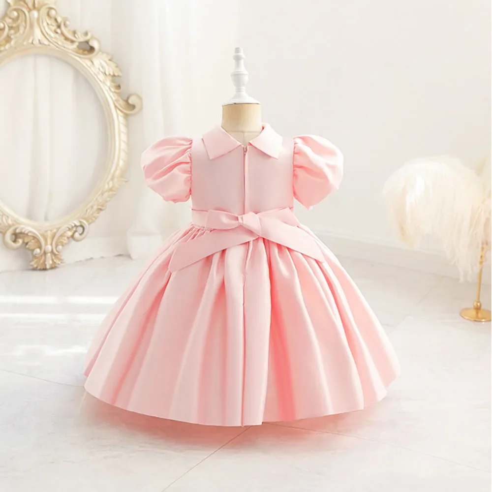 Vestido de fiesta de princesa para niñas pequeñas, ropa de satén con manga abullonada, vestido de boda para niños pequeños de 1 a 6 años, color rosa, Verano