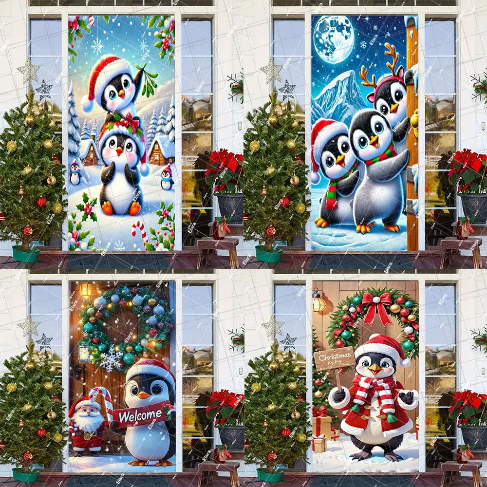 

﻿ Christmas Cute Penguin Family Gathering Holiday Event Door Cover Banner Merry Christmas Xmas Banner Backdrop Photo Booth Prop