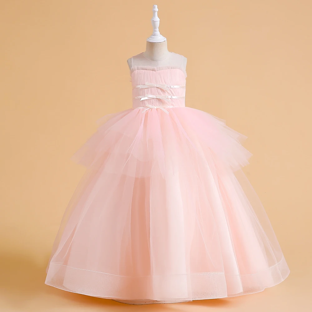 2024 Flower Girls Wedding Bridesmaid Tulle Dress Piano Competition Clothes Kids Birthday Puffy  Costumes Teens Evening Prom Gown