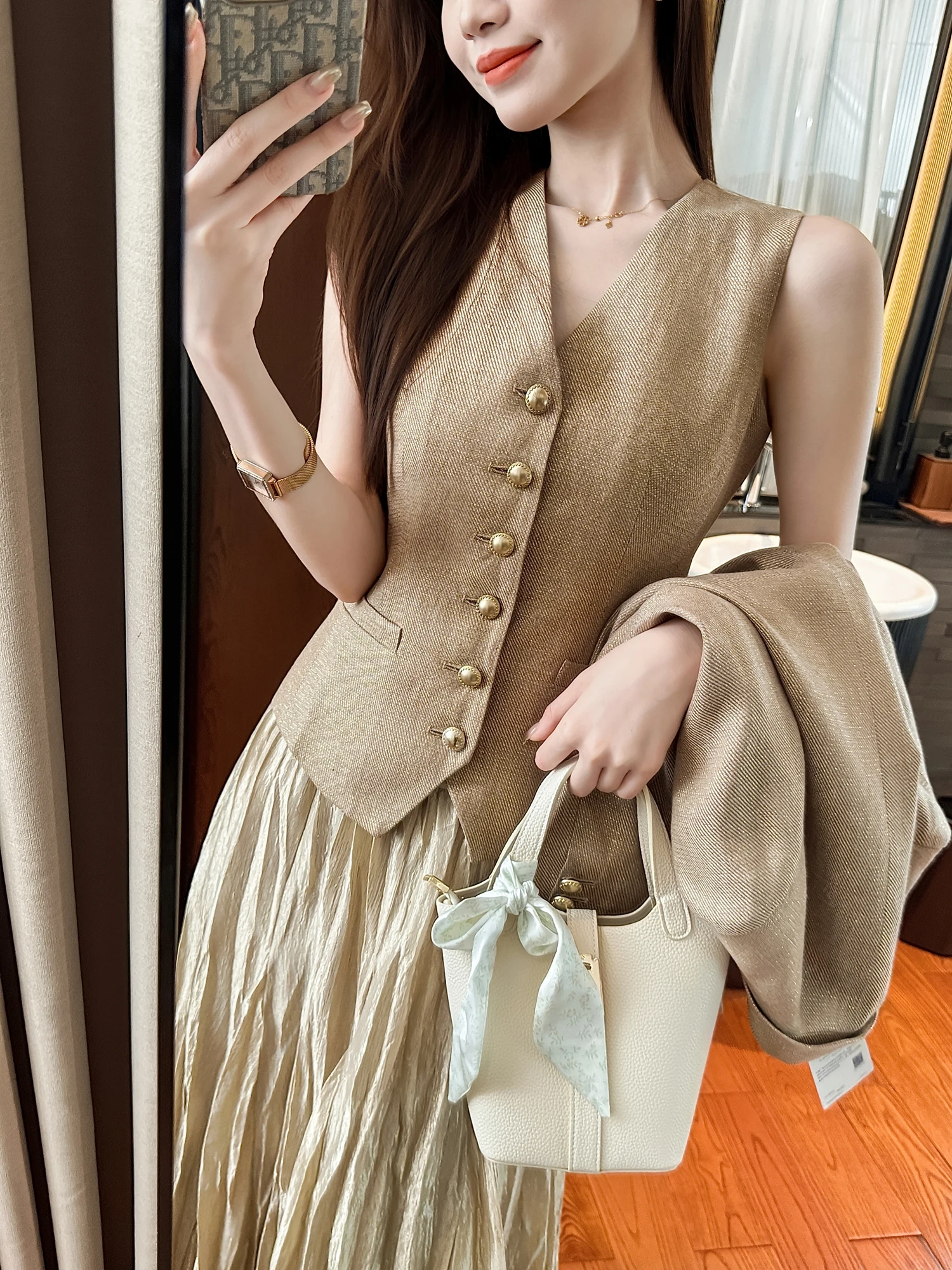 

Элегантный женский жилет из льна с ретро-текстурой, золотисто-синий, осенний сезон, тонкий, с V-образным вырезом